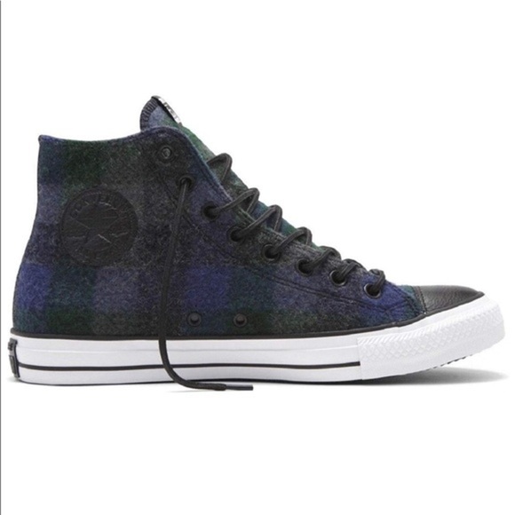 Converse High Top Sneakers Blue Plaid Wool Shoes - Picture 2 of 3